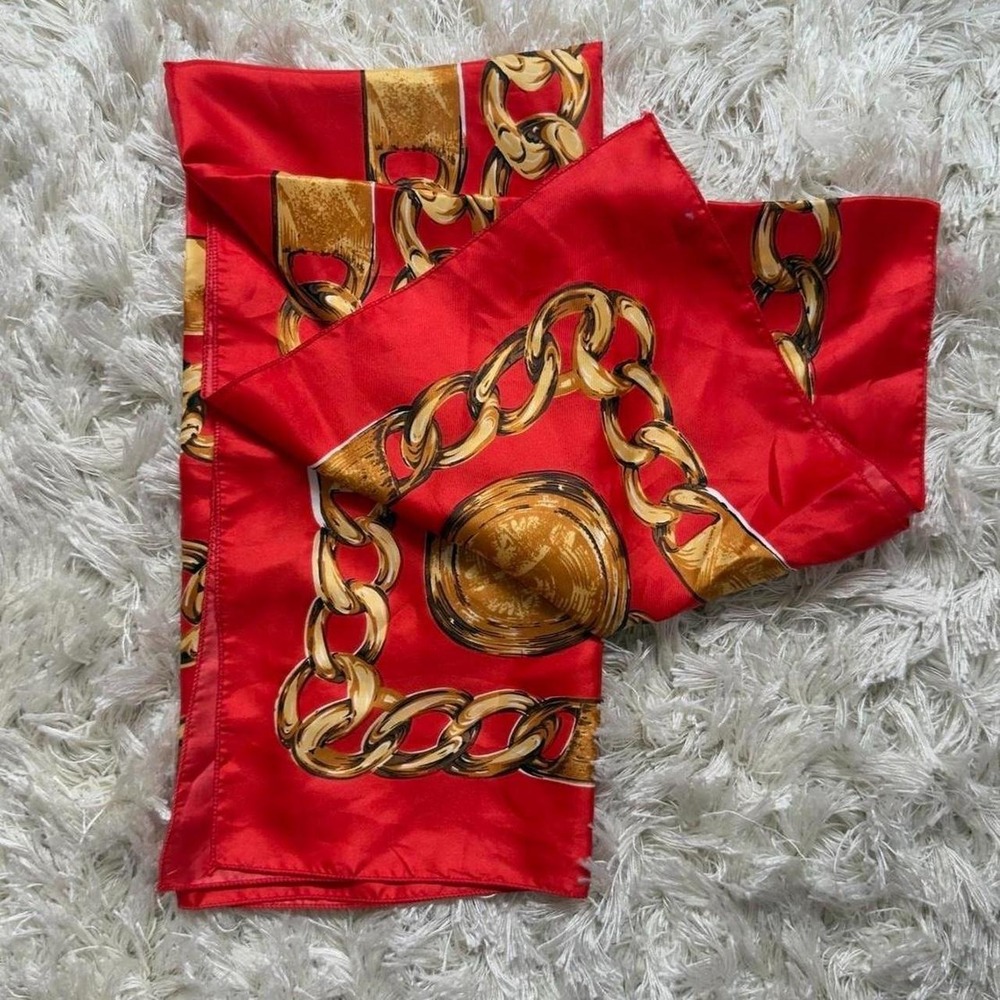 Red Chain Print Satin Scarf Wrap Top 33x34 Y2K Glam Baroque Flashy Statement